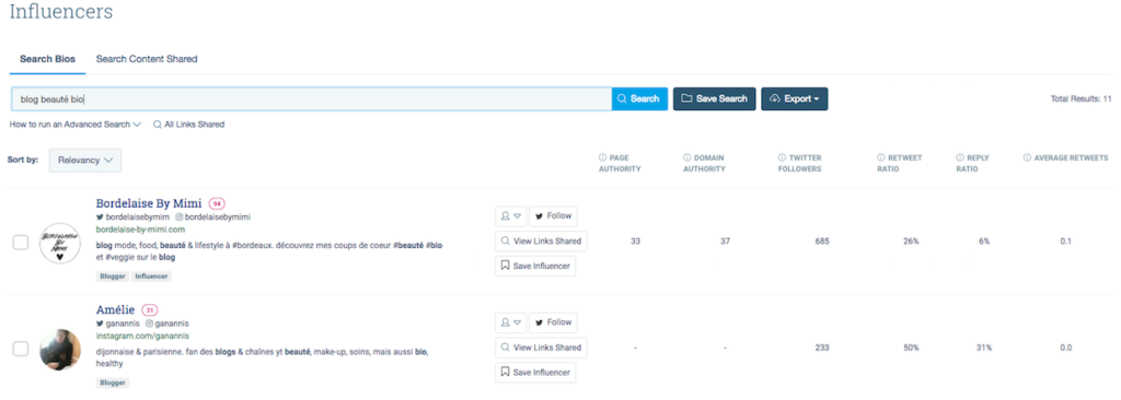 Recherche sur Buzzsumo pour trouver des influenceurs possédant un blog beauté bio