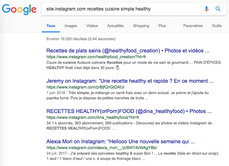 Recherche sur Google en utilisant la requête site: instagram.com recettes cuisine simple healthy